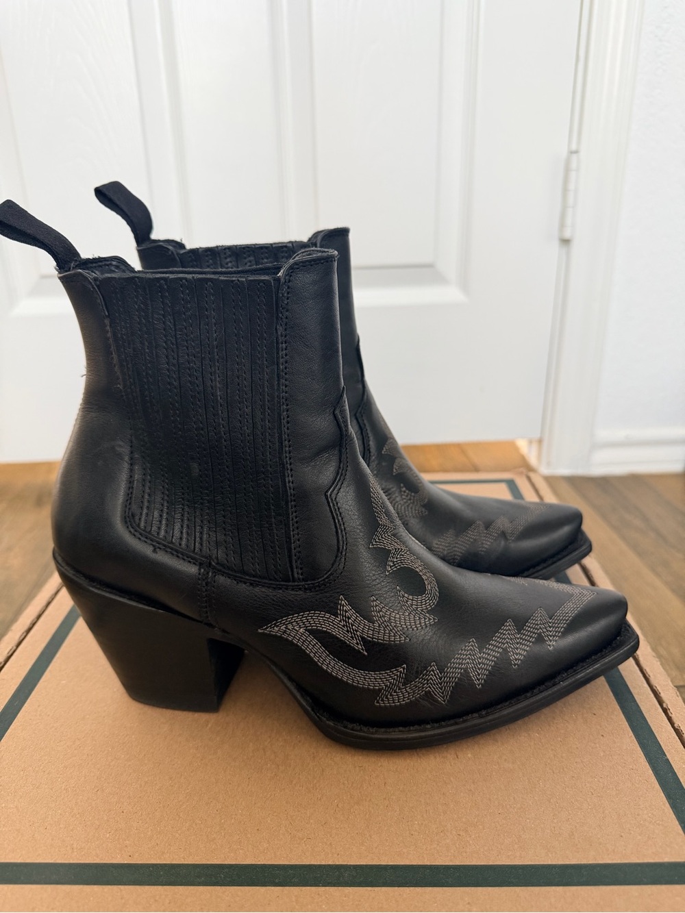 Tecovas Black Leather Western Ankle Boots with Silver Stitching
